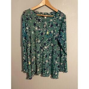 LOGO Layers Tunic Top Womens 2X Green Star Print Mesh Stretch Long Sleeve Artsy